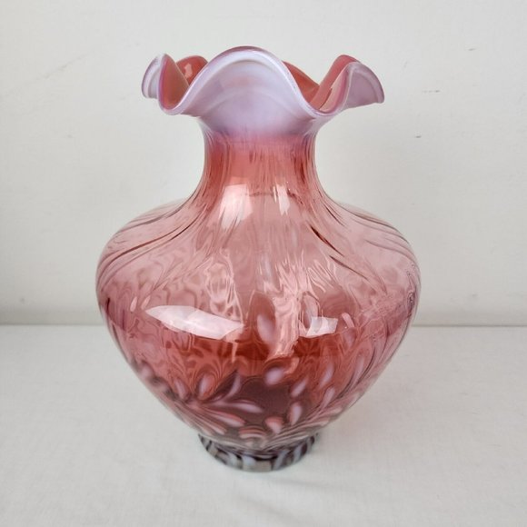 VTG Fenton Vase 11.5" Daisy & Fern Cranberry Opalescent Glass Ruffled White Pink - Picture 9 of 10